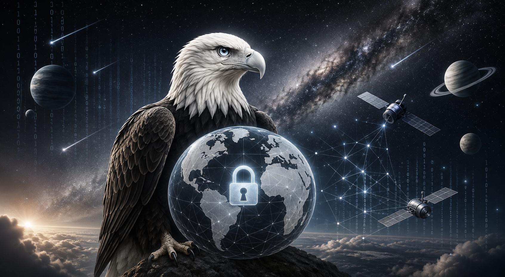 Symbolic representation of cybersecurity, global security, and defense